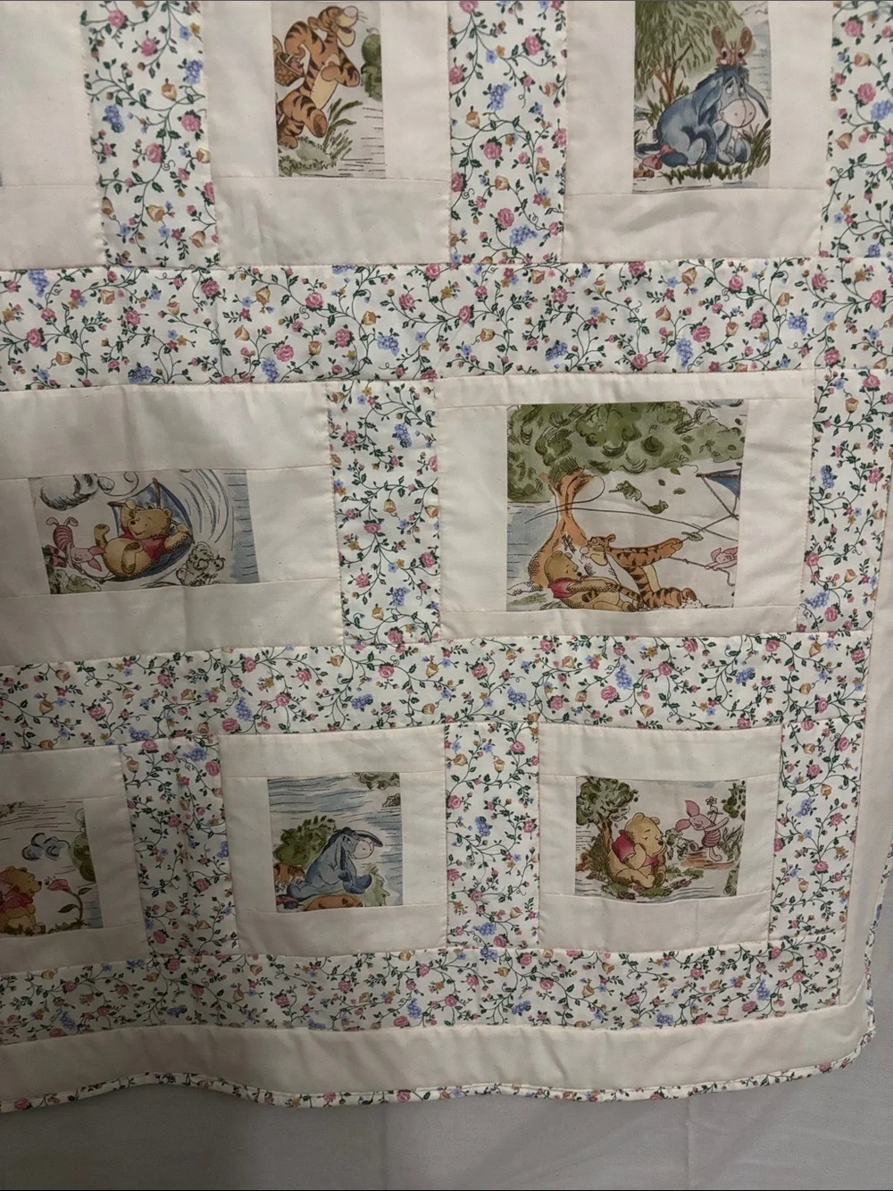 Cream Floral Baby Quilt with Winnie the Pooh characters
